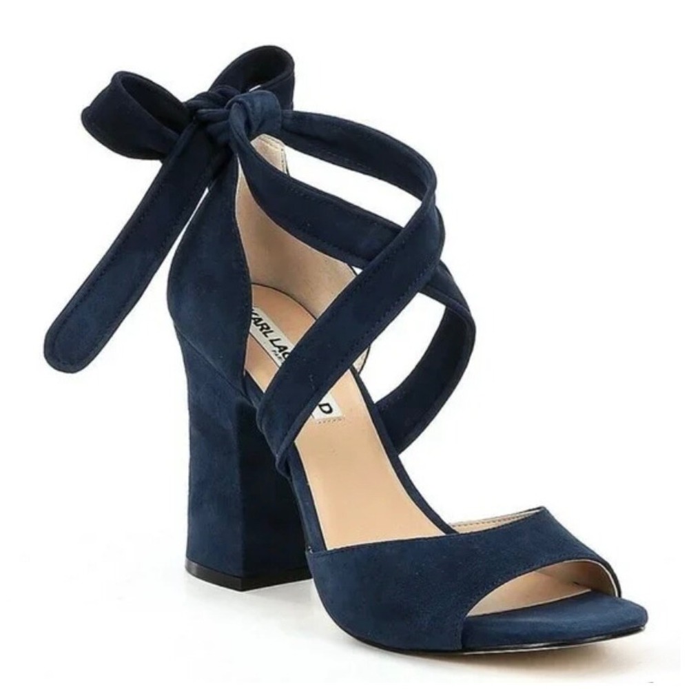 KARL LAGERFELD PARIS Racha Blue Suede HIGH HEEL SANDALS SHOES Ankle Tie 6 M